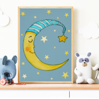 Kinderzimmer Wall Art Moon Stars Gelbes blaues Pos