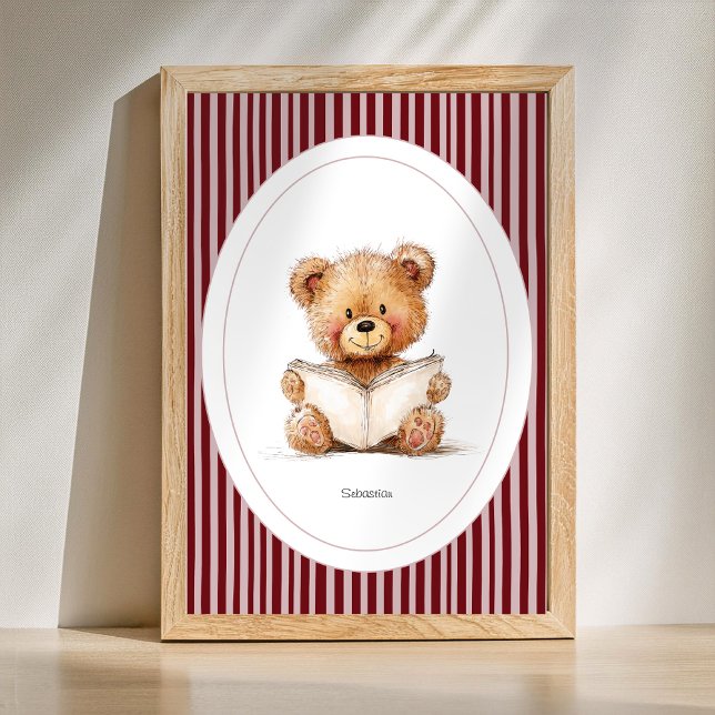 Kinderzimmer-Wandbild mit Wunschname - Teddy liest Poster (Custom Name Print - Cute Teddy Bear Reading a Book Nursery Poster)