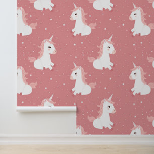 Kinderzimmer weiß Einhorn auf rosa Hintergrunddesi Tapete