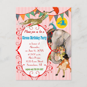 Kinderzirkus Elephant Peacock Giraffe-Party Einladungspostkarte