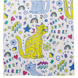 kindliches Muster mit Tiger, Briefen, Regenbogen, Duschvorhang