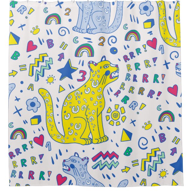 kindliches Muster mit Tiger, Briefen, Regenbogen,  Duschvorhang (Vorderseite)
