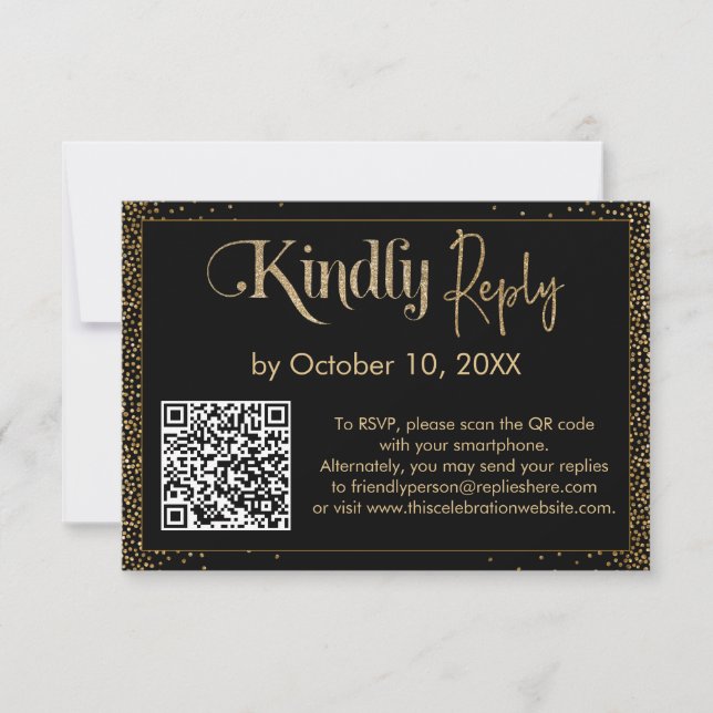 Kindly Antwort Festive Confetti QR Code auf schwar (Vorderseite)