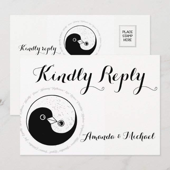 KINDLY REPLY WEDDING CARD b/w YinYang doves Harmo Einladung (Vorne/Hinten)
