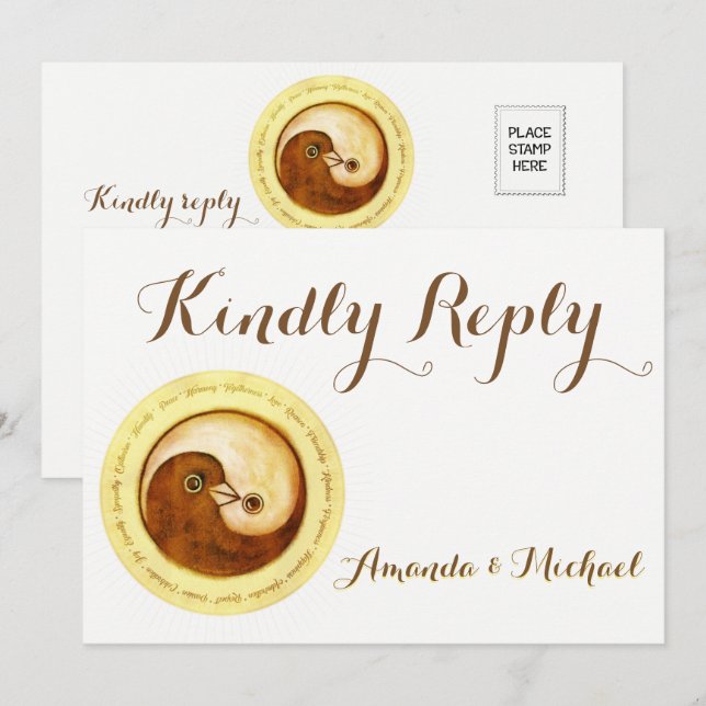 KINDLY REPLY WEDDING CARD Gold YinYang doves Harmo Einladung (Vorne/Hinten)