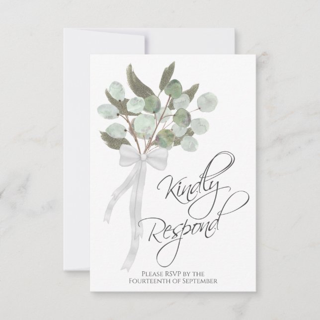 Kindly Respond Rustic Eucalyptus Bouquet Wedding RSVP Karte (Vorderseite)