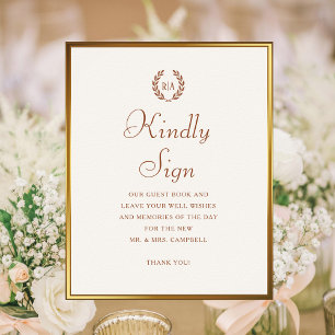 Kindly Sign Monogram Wedding Guest Book Terracotta Poster