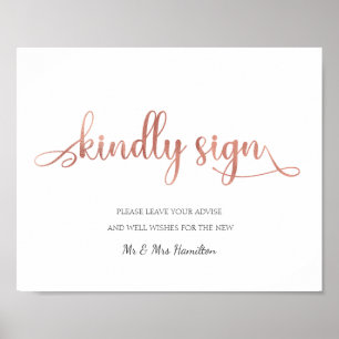"Kindly sign" Rose Gold Gästebuch Wedding Sign