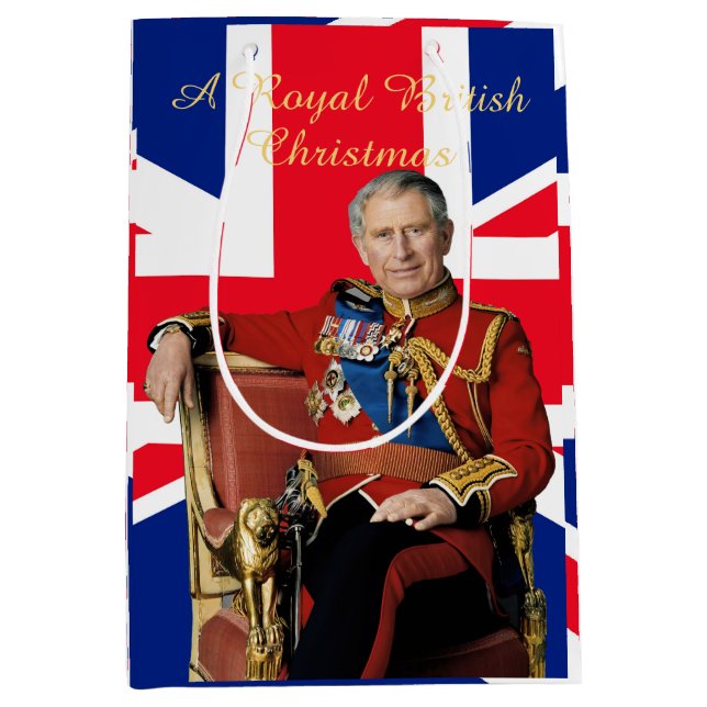 King Charles III Britische Flagge Weihnachtsgrüße Mittlere Geschenktüte (Vorderseite)