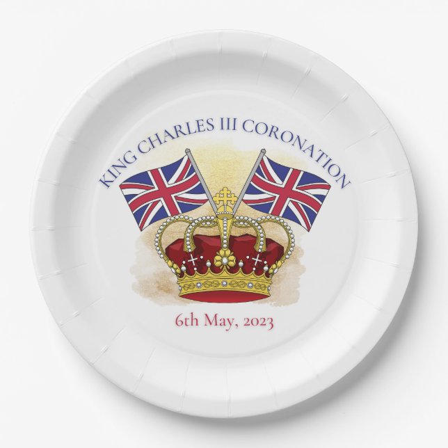 King Charles III Coronation Crown and Flags Paper Pappteller (Vorderseite)