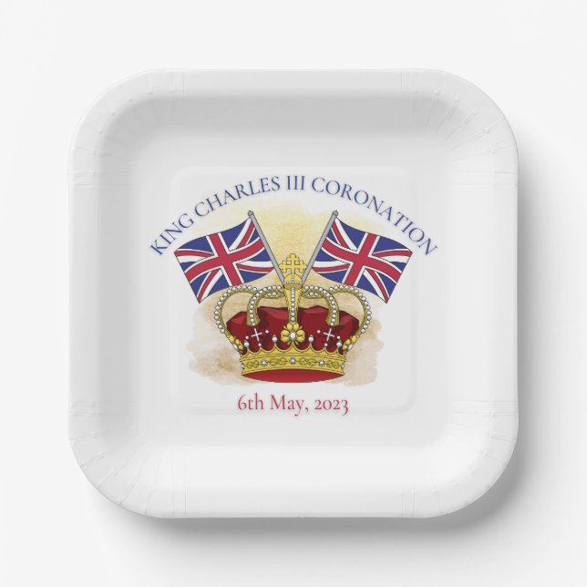King Charles III Coronation Crown and Flags Pappteller (Vorderseite)