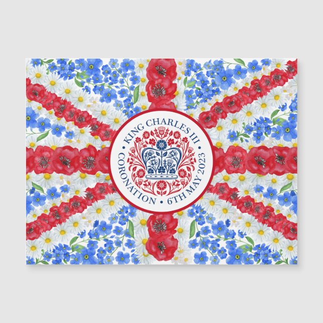King Charles III Coronation Floral UK Flag Magnet (Vorderseite)