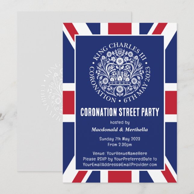KING CHARLES III CORONATION Street Party Einladung (Vorne/Hinten)