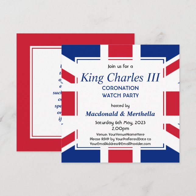 KING CHARLES III Coronation Watch Party Einladung (Vorne/Hinten)