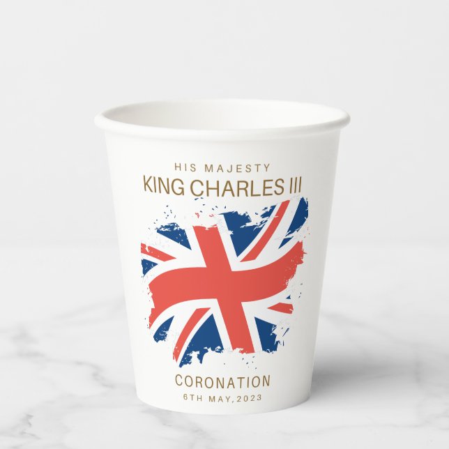 King Charles III Union Jack Flag Pappbecher (Vorderseite)