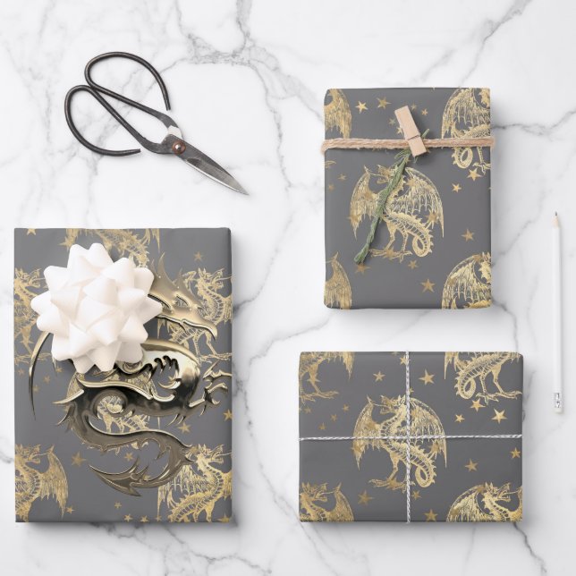 King Dragon and Gold Stars Wrapping Paper Sheets Geschenkpapier Set (Vorderseite)