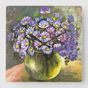 King George Asters In A Metallic Vase Quadratische Wanduhr