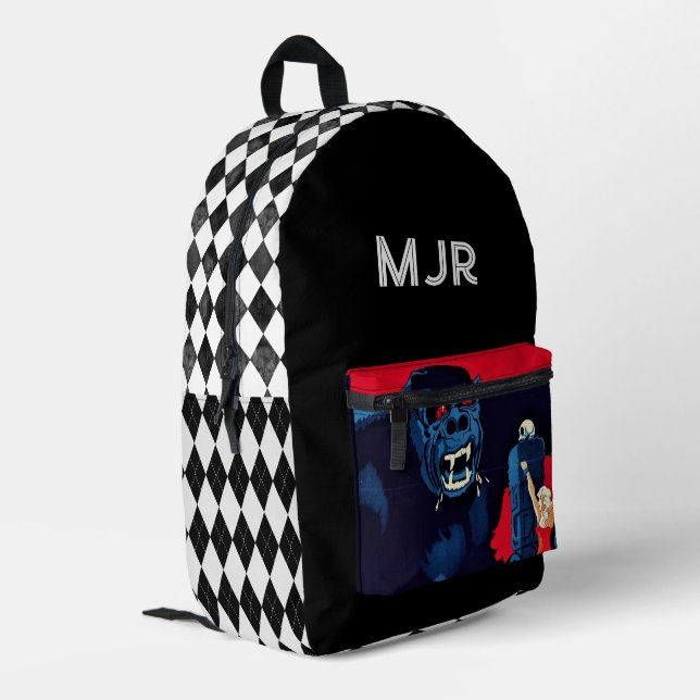 King Gorilla & Raute Geometric Bedruckter Rucksack (Rückseitige Ecke links)