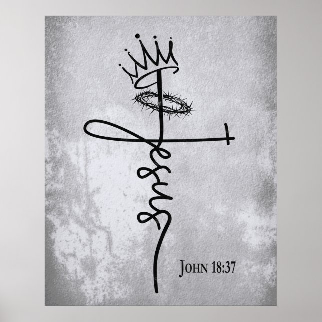 KING JESUS Christlich Cross Grunge Handbrief Grau Poster (Vorne)