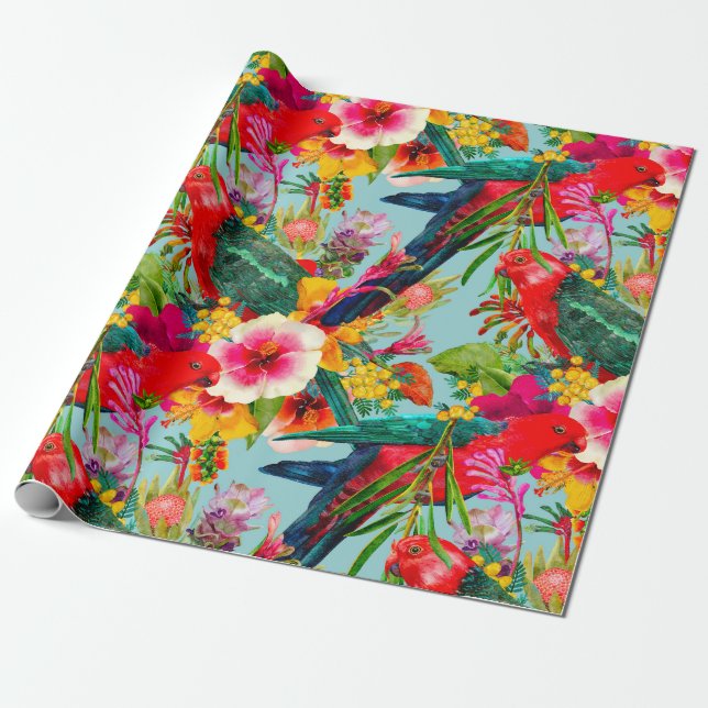 King Parrot Tropical Blooms Pattern Geschenkpapier (Ungerollt)