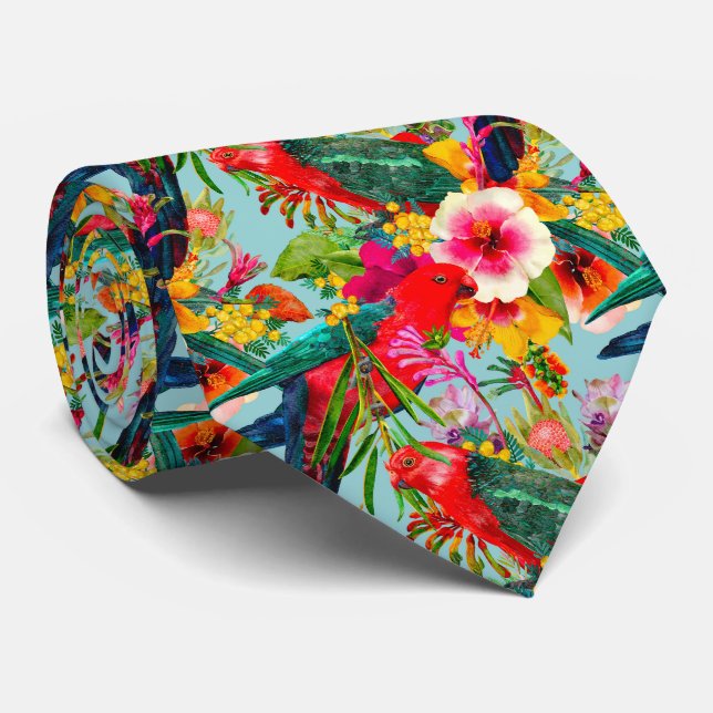 King Parrot Tropical Blooms Pattern Krawatte (Gerollt)