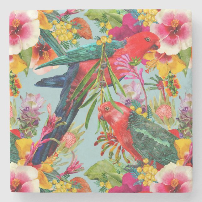 King Parrot Tropical Blooms Pattern Steinuntersetzer (Vorderseite)