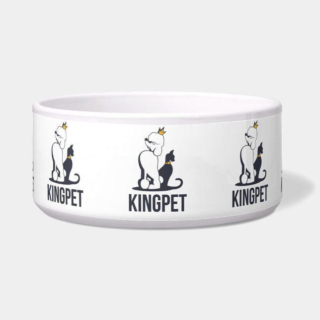 King-Pet Napf (A white pet bowl with the words "KINGPET" and a cartoon of a dog and cat wearing crowns. )