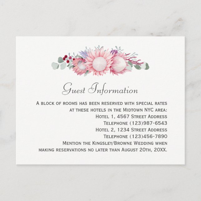 King Protea Botanical Wedding Guest Information Postkarte (Vorderseite)