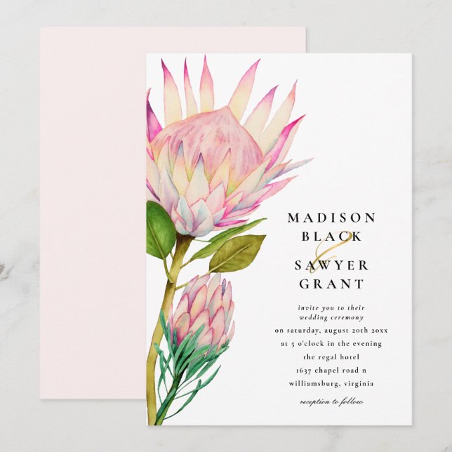 King Protea Pink Floral Wedding Einladung (Vorne/Hinten)