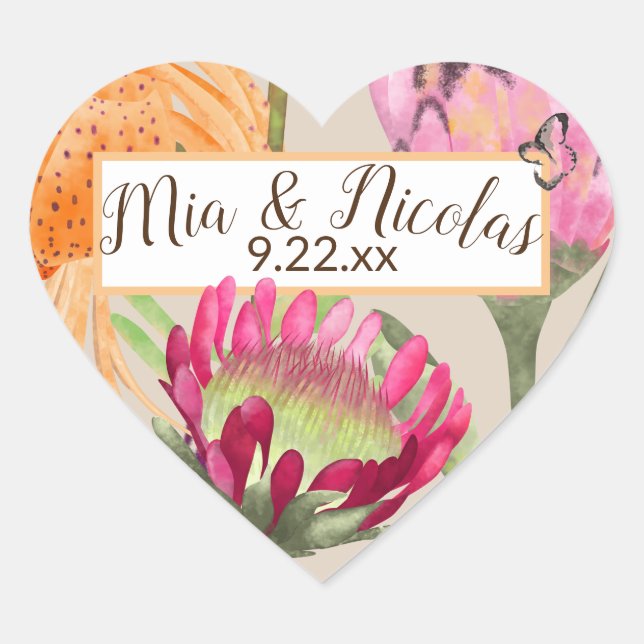 King Proteas, Tiger Lilies Couple's Names Wedding Herz-Aufkleber (Vorderseite)