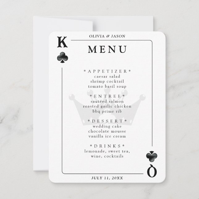 King & Queen of Clubs Kartenspiel Hochzeitsmenü (Vorderseite)