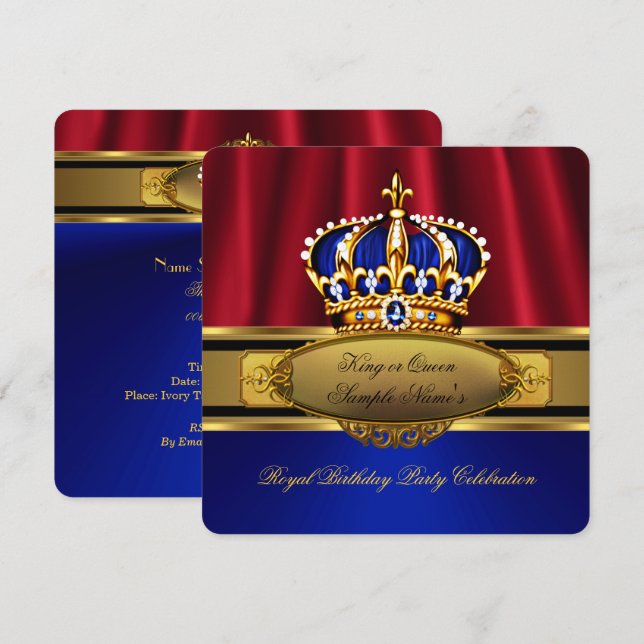 King Queen Red Royal Blue Gold Birthday Party Einladung (Vorne/Hinten)