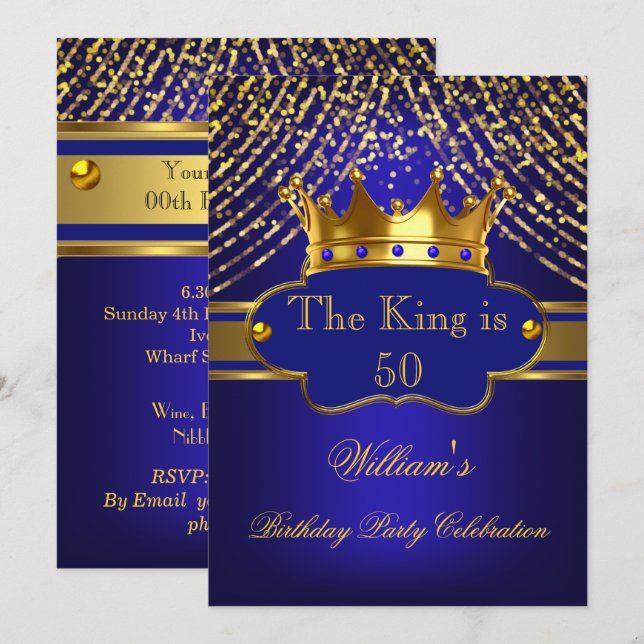 King Royal Blue Crown Birthday Party Mens Einladung (Vorne/Hinten)