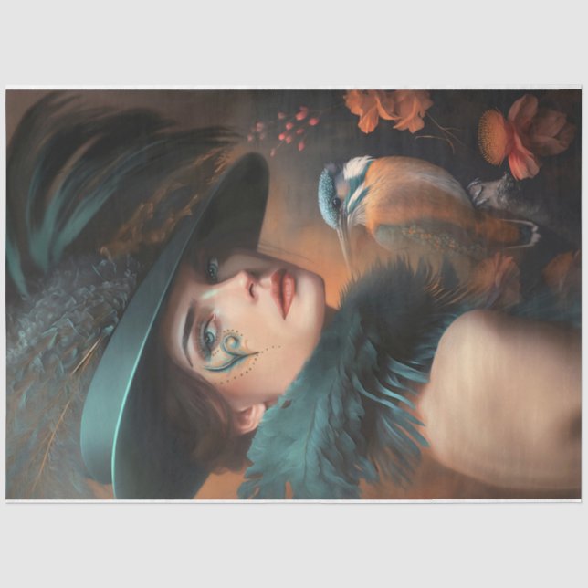 Kingfisher Beautiful Woman's Face & Hat Portrait Seidenpapier (Vorderseite)