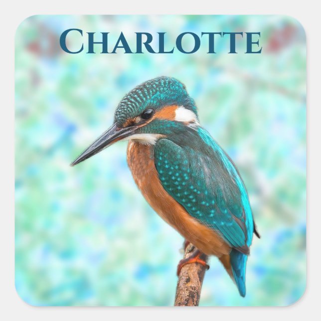 Kingfisher Bird Blue Abstrakt Vorname Quadratischer Aufkleber (Vorderseite)