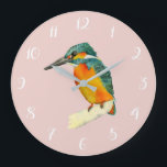 Kingfisher Bird Wasserfarbenmalerei Große Wanduhr<br><div class="desc">Das ist ein Aquarellbild eines Königspaliers. Es sitzt am Rand eines Zweiges. Der Vogel hat helle Farben. Orange und gelb auf seinem Bauch und grün auf seinem Kopf und Flügel. Er schaut seitwärts.</div>