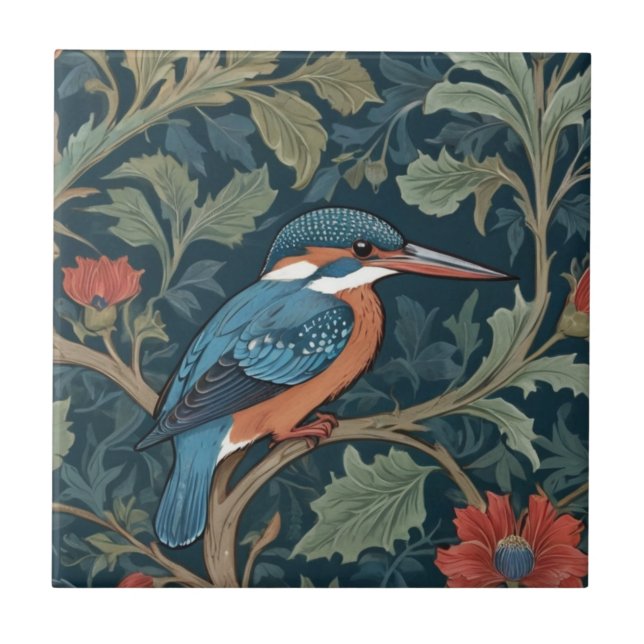 Kingfisher Bird William Morris Style Direkt gegenü Fliese (Vorderseite)