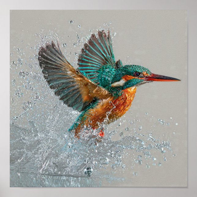 Kingfisher Dive - Lebhafte Vogeljagd im klaren Wal Poster (Vorne)