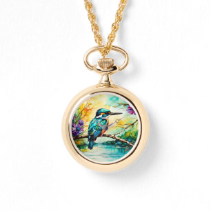 Kingfisher über Wasser und Wildblumen Armbanduhr
