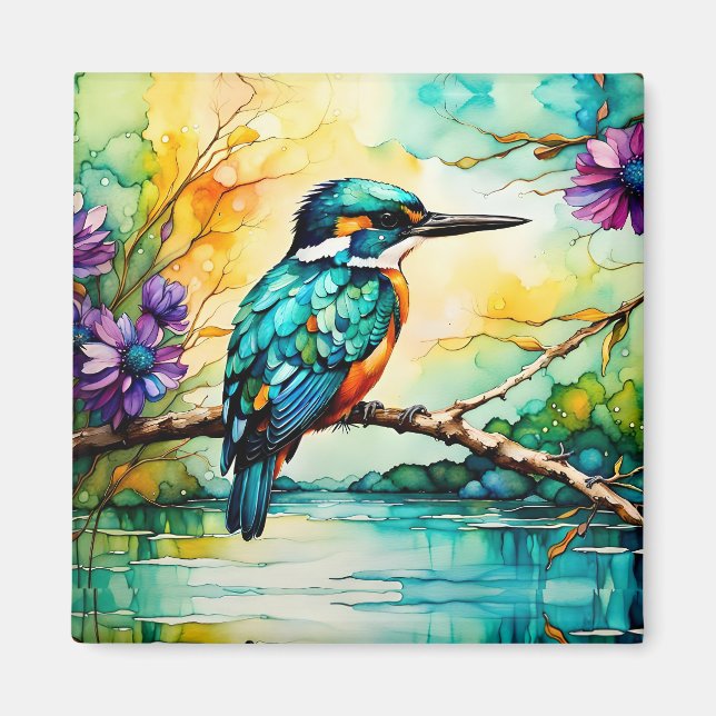 Kingfisher über Wasser und Wildblumen Magnet (Vorne)