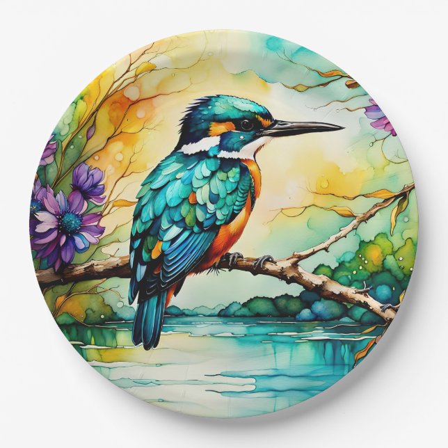 Kingfisher über Wasser und Wildblumen Pappteller (Vorderseite)