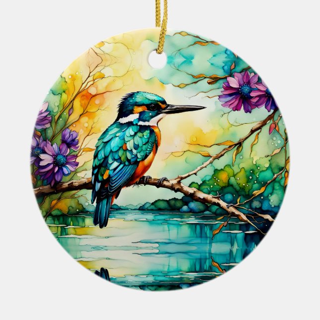 Kingfisher über Wildblumen Keramik Ornament (Vorne)