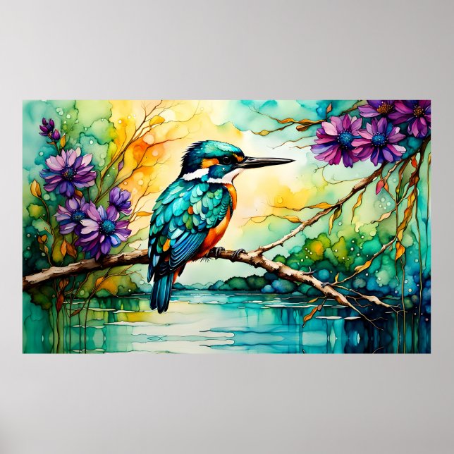 Kingfisher über Wildblumen Poster (Vorne)