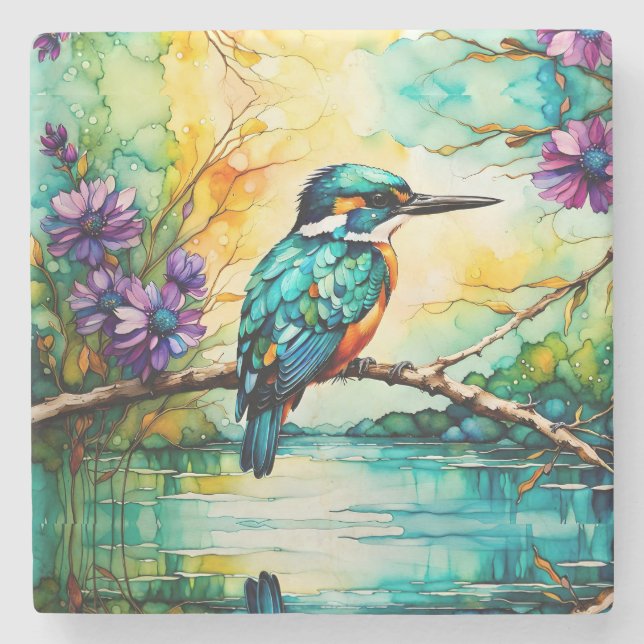 Kingfisher über Wildblumen Steinuntersetzer (Vorderseite)