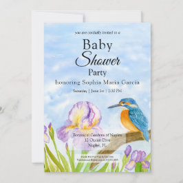  Kingfisher with Purple Irises Baby Shower Einladung