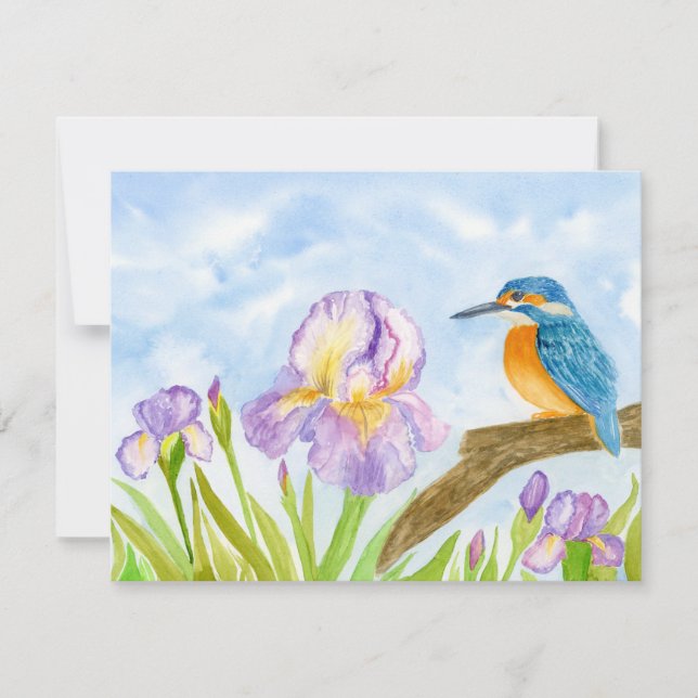 Kingfisher with Purple Irises Personalized Mitteilungskarte (Vorderseite)