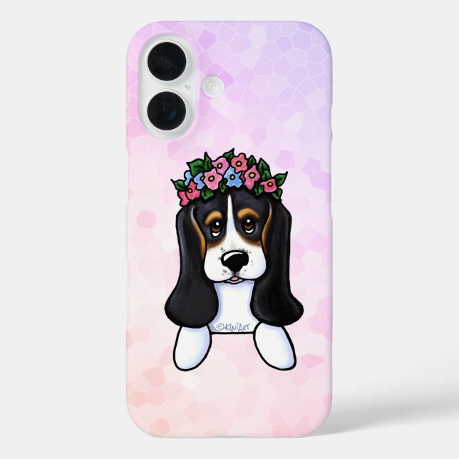 KiniArt Basset Flower Girl iPhone 16 Hülle (Rückseite)