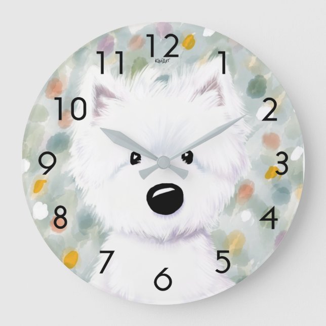 KiniArt Fluffy Westie Impressionen Große Wanduhr (Vorderseite)