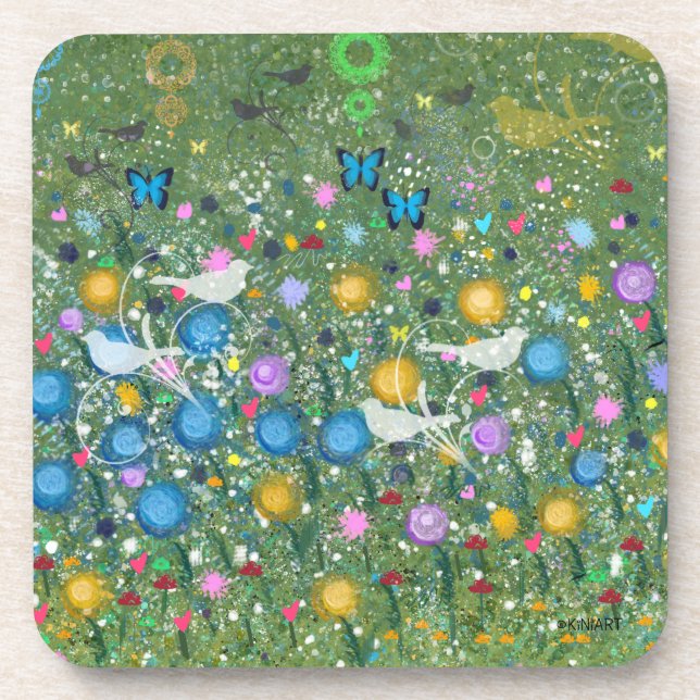 KiniArt Garden Blume Vögel und Schmetterlinge Getränkeuntersetzer (Vorderseite)