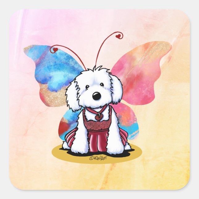 KiniArt Maltese Butterfly Quadratischer Aufkleber (Vorderseite)